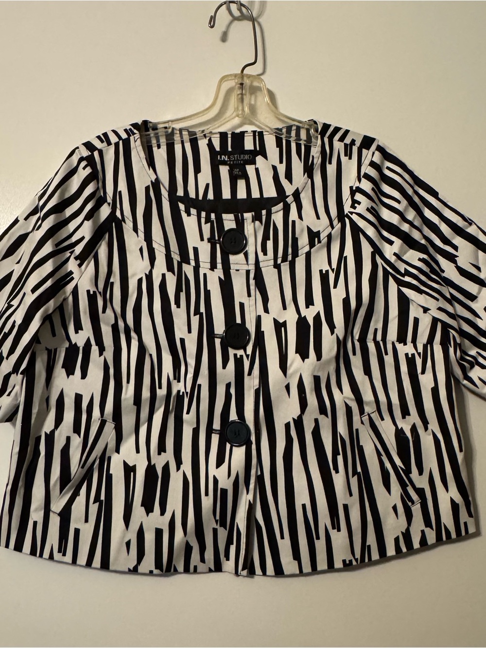 I.N. Studio Black & White Striped-Brush Button Front Blouse